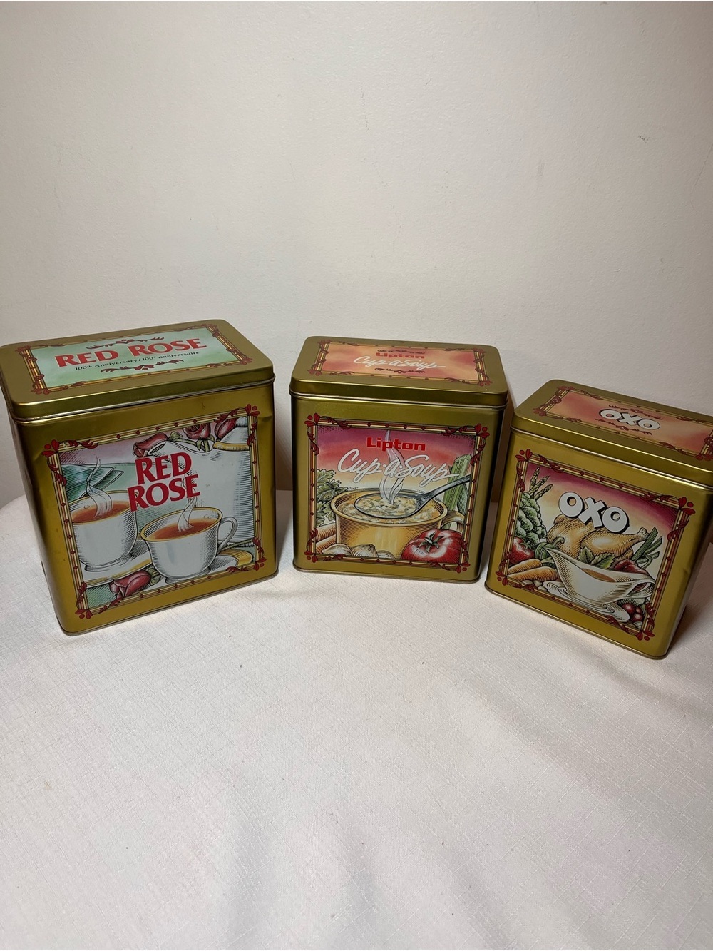 Red Rose 100th Anniversary, Lipton & Oxo Vintage Gold Tin Set. Collectible. Gift